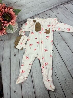 NWT rabbit + Bear Footie w headband Pink Heart Balloons 6-9M coquette feminine